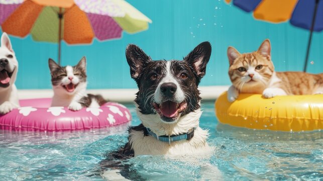 A joyful dog swims in a pool surrounded by playful cats on floaties, capturing a fun summer vibe.