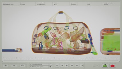 Security System in Airport Terminal: X-Ray Scan of Passengers Suitcases Moving On Conveyor. 3D Graphics of Modern Computer Software Interface or Analyzing Program for Scanning Luggage At Departures.