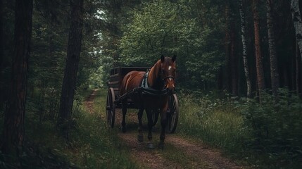 A brown horse pulls a cart through a dense forest. 