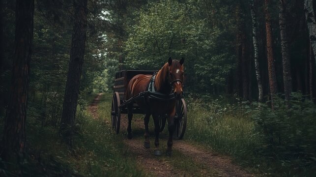 A brown horse pulls a cart through a dense forest. 