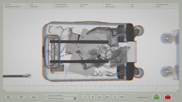 X-Ray Scan: Bags of Passengers Moving On Conveyor. 3D Animation of Modern Computer Software Interface or Analyzing Program for Scanning Baggage At Departures. Security System in Airport Terminal.