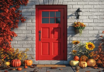 Naklejka premium Vibrant Red Door Surrounded by Autumn Decor with Bright Sunflowers and Pumpkins in a Cozy Fall Setting Featuring Stone Wall and Colorful Leaves