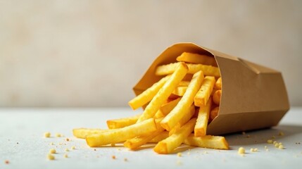 A tempting pile of golden french fries spilling from a kraft paper bag onto a light surface