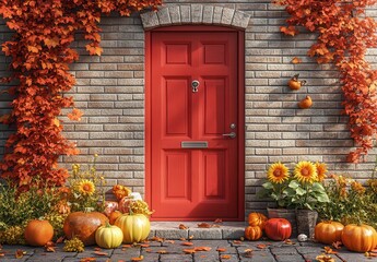Naklejka premium Vibrant Red Door Surrounded by Autumn Leaves and Colorful Pumpkins Decorates a Charming Home Entrance with Sunflowers and Seasonal Touches