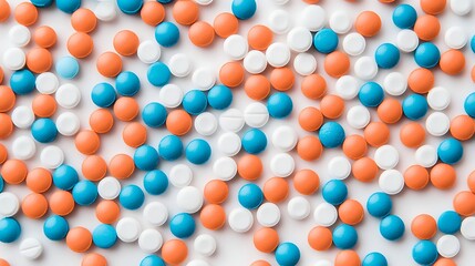 A colorful assortment of small round candies in blue, orange, and white, arranged neatly on a light background.