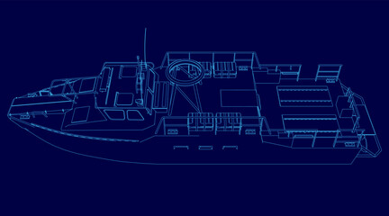 Blue image of a ship with a blue background. The ship is shown in a 3D format, with a lot of detail and a sense of depth. Scene is one of exploration and adventure