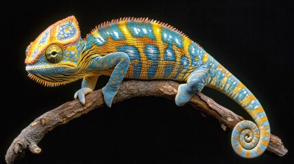 Naklejka premium Vibrant panther chameleon perched on a branch against a black background.
