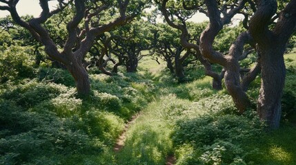 Fototapeta premium Sunlit path through a grove of gnarled oak trees, lush green undergrowth.
