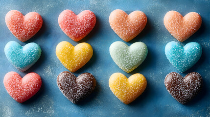 Obraz premium Fun Valentines card with coral, turquoise, and mustard confetti hearts, playful layout, and clear copy space for holiday greetings.