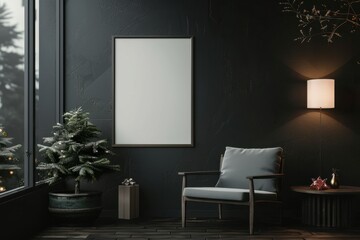 Cozy Modern Interior with Empty Frame and Christmas Tree Decor