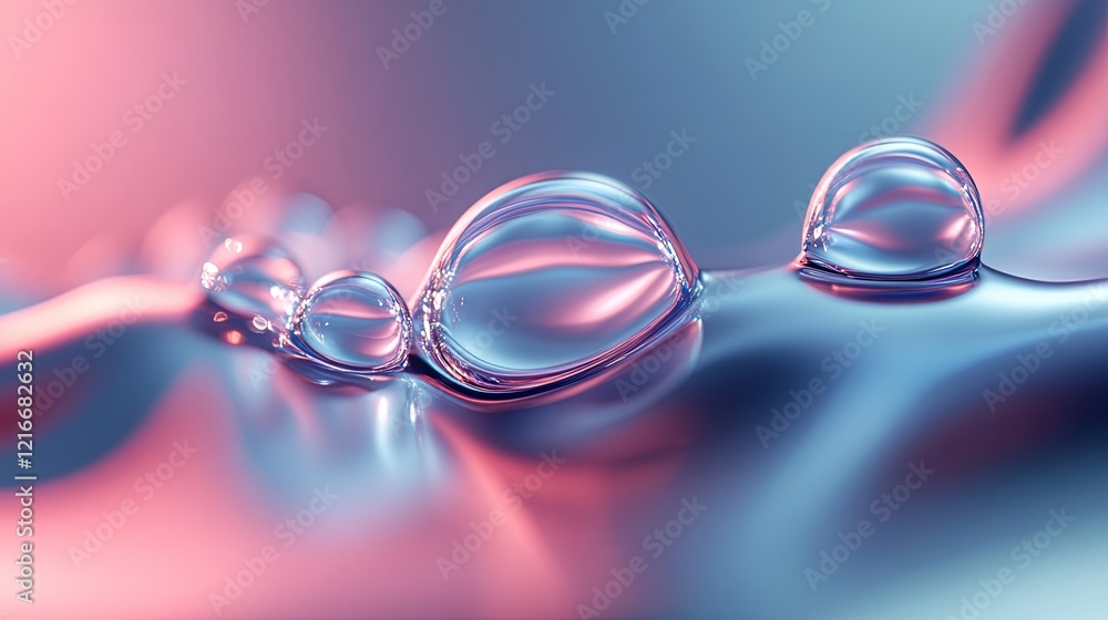 Poster water droplets rest on a smooth, reflective surface in soft pastel colors creating an elegant visual