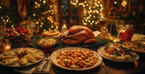 Fototapeta premium Warm and Inviting Holiday Feast Set on a Rustic Table Surrounded by Festive Decorations and Soft Lighting, Showcasing Delicious Dishes and Seasonal Cheer
