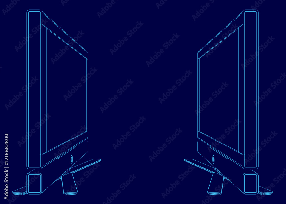 Poster two computer monitors are shown side by side. the monitors are blue and are positioned in front of a