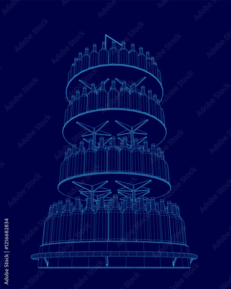 Poster blue drawing of a tall building with many bottles on the top. the building is made of stacked bottle