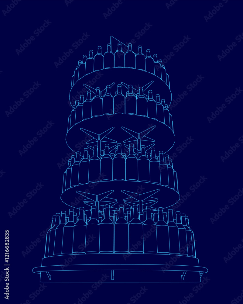 Poster tall building with many bottles stacked on top of each other. the bottles are all different sizes an