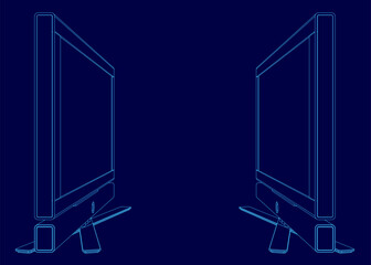 Two computer monitors are shown side by side. The monitors are blue and are positioned in front of a wall. Concept of technology and modernity