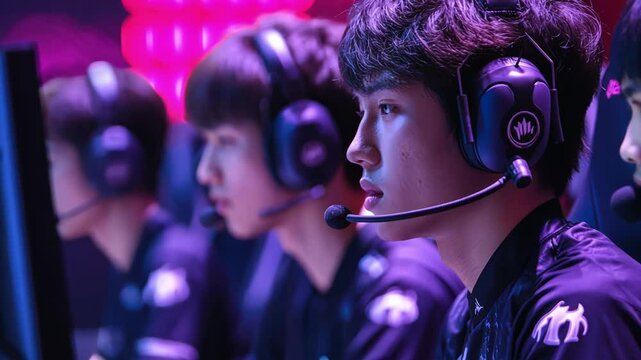 An e-sports team practicing together in a neon-lit gaming arena, with intense focus on their screens.