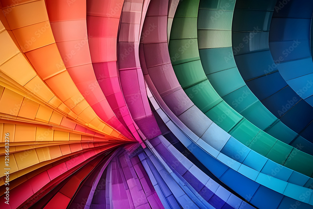 Poster Diagonal layout of color swatches creating a dynamic color spectrum. Color pallet with rainbow color samples, represents spectrum unity. Colorful paper sheets in a fan arrangement, showing gradient