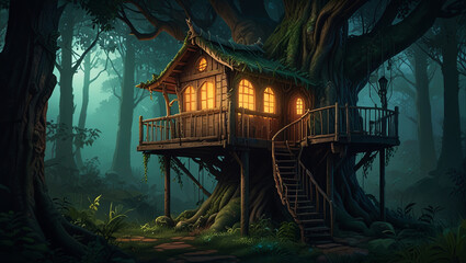tree house in the forest in a fantasy world style