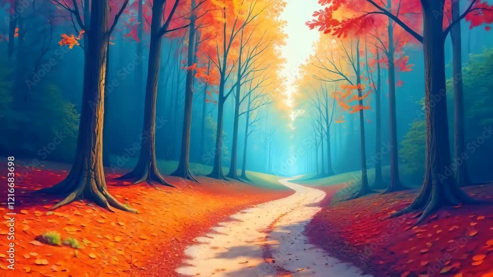 Poster A forest with a path through it. The path is lined with trees and leaves. The leaves are orange and red