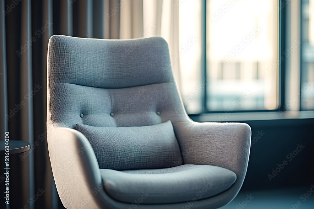 Poster comfortable modern gray armchair with soft pillow standing near window with city view in elegant roo