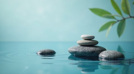 Naklejka premium Serene Stones Floating on Tranquil Water with Gentle Leaf Silhouette in the Background