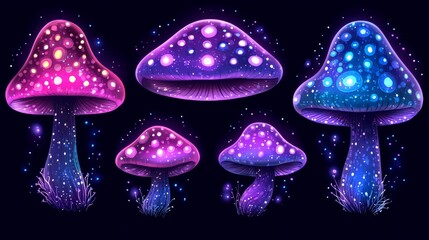 Luminous Pixel Art Mushrooms Glowing in the Dark Night