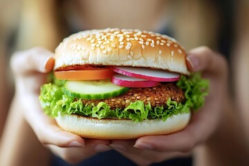 Woman's hands holding a mouthwatering vegan burger featuring a quinoa patty, crisp lettuce, ripe tomato, refreshing cucumber, vibrant radish, and sprinkled sesame seeds on a soft bun