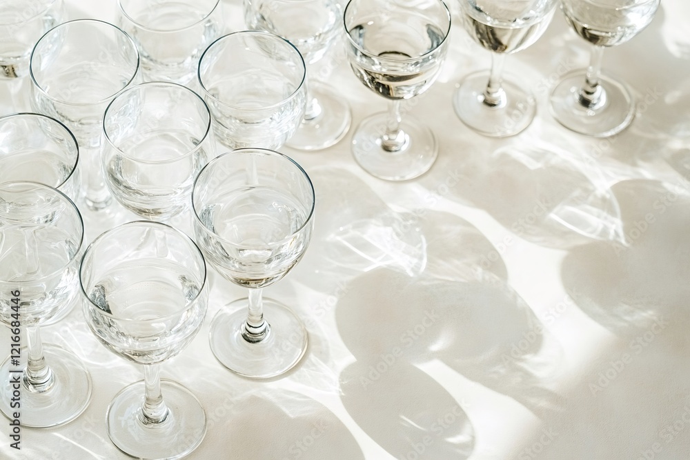 Poster crystal wine glasses are arranged on a white tablecloth, casting beautiful shadows in the sunlight, 