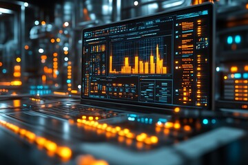 Futuristic laptop displaying data analytics in a tech environment.