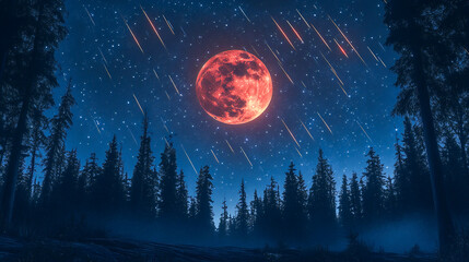 Naklejka premium A red moon hangs over a forest of dark trees with shooting stars streaking across the night sky