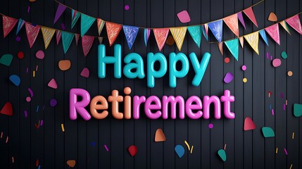 A festive retirement celebration banner with colorful bunting and confetti, featuring the words "Happy Retirement" in bold letters.