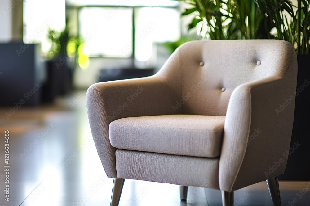 Poster upholstered armchair with rounded edges and buttoned backrest creates a cozy atmosphere in a well-li