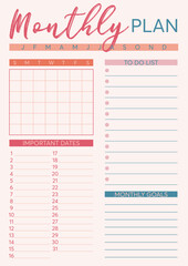 Vector monthly planner template, to do list, goals, notes, notebook page