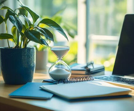 A desk corner with a sand timer, houseplant, and notebook, promoting focus and calm.