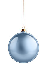 Realistic light blue glossy christmas ball with ribbon isolated on a transparent background, PNG. High resolution.
