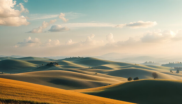 Peaceful countryside landscape with rolling hills