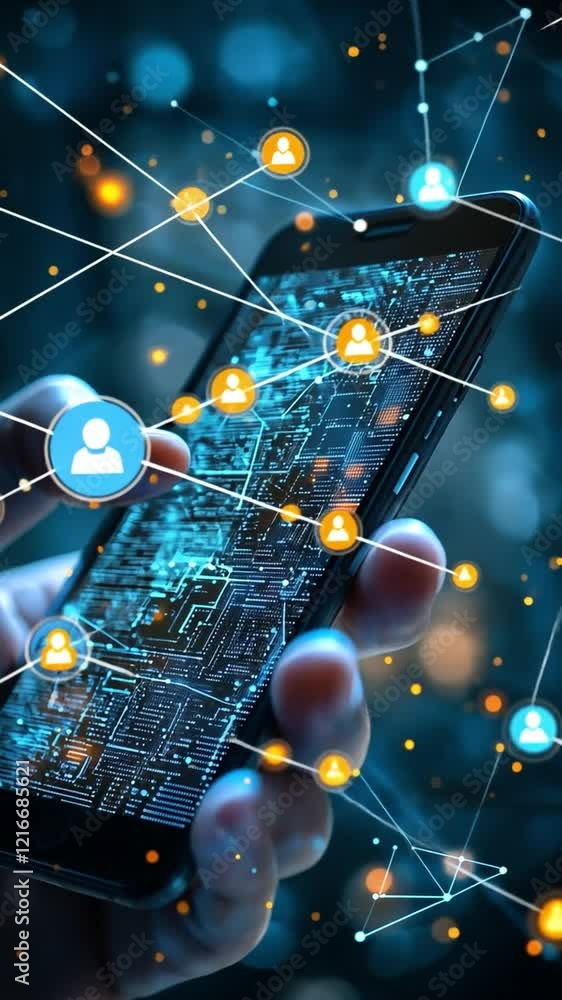 Poster digital connection: a hand holds a smartphone with its screen glowing, showcasing a mesmerizing netw