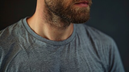 Fototapeta premium Bearded man in a gray t-shirt on a gray background, close-up