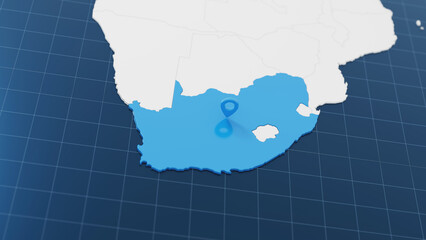 Blue South Africa 3d map with pointer pin surrounded with other countries in white. Political map with borders. 3d render illustration
