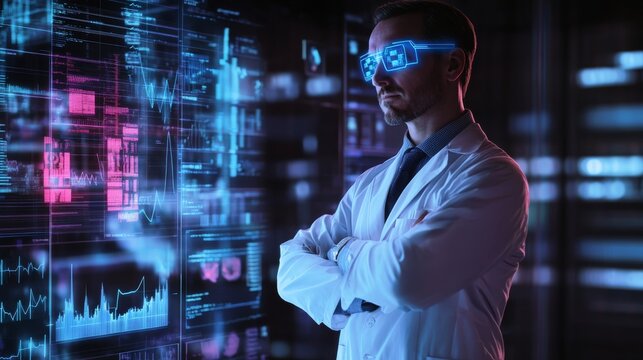Doctor in healthcare with hologram overlay and arms crossed, featuring graphs and medical infographics for digital transformation in medicine and research, highlighting data, statistics, and innovatio