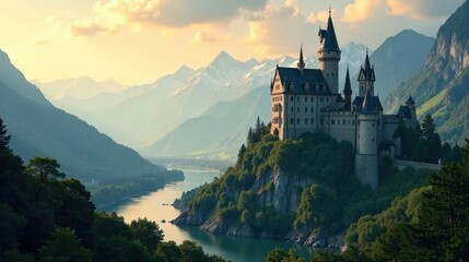 Majestic Castle Perched on a Cliffside Overlooking a Serpentine River Valley at Sunset