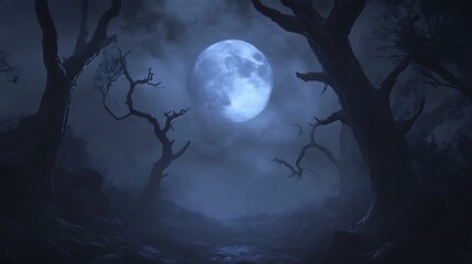 A large blue moon shines in the sky above a misty forest with bare trees.