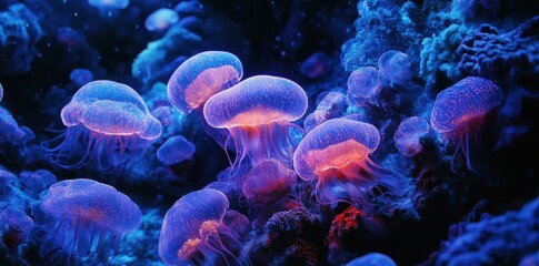 Obraz premium Glowing Jellyfish Swim Amongst Ocean Coral