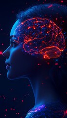 Illuminated Consciousness Woman s Profile with Glowing Brain Network, Digital Art Representation.