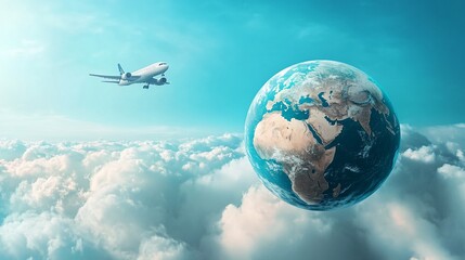 Fototapeta premium Airplane flying above clouds near Earth.