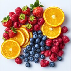Fresh berries and oranges on white background. Healthy food flatlay for recipe, blog or advert