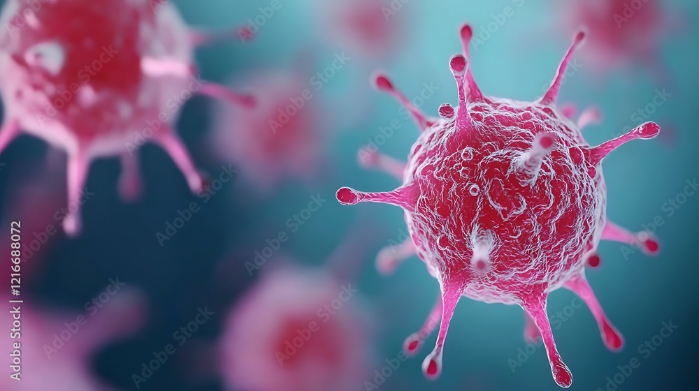 Poster a close-up view of a virus under a microscope, showcasing its intricate structure and vibrant colors