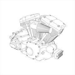 V-twin Motorcycle engine line drawing technical blueprints Illustration Isometric view. vector isolated on transparent background