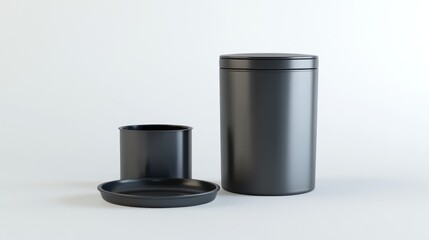 Black cylindrical containers on white background; product packaging mockup